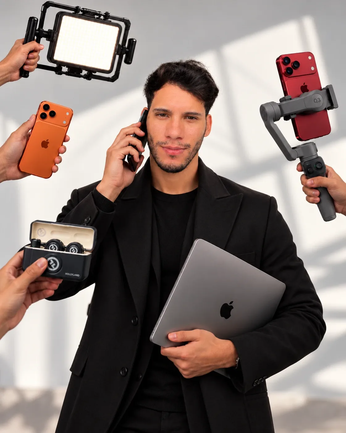 Otton Castro, StoryMaker no Rio de Janeiro e fundador da Dom Digital, com o equipamento de gravação: celulares, estabilizador, luz e microfone