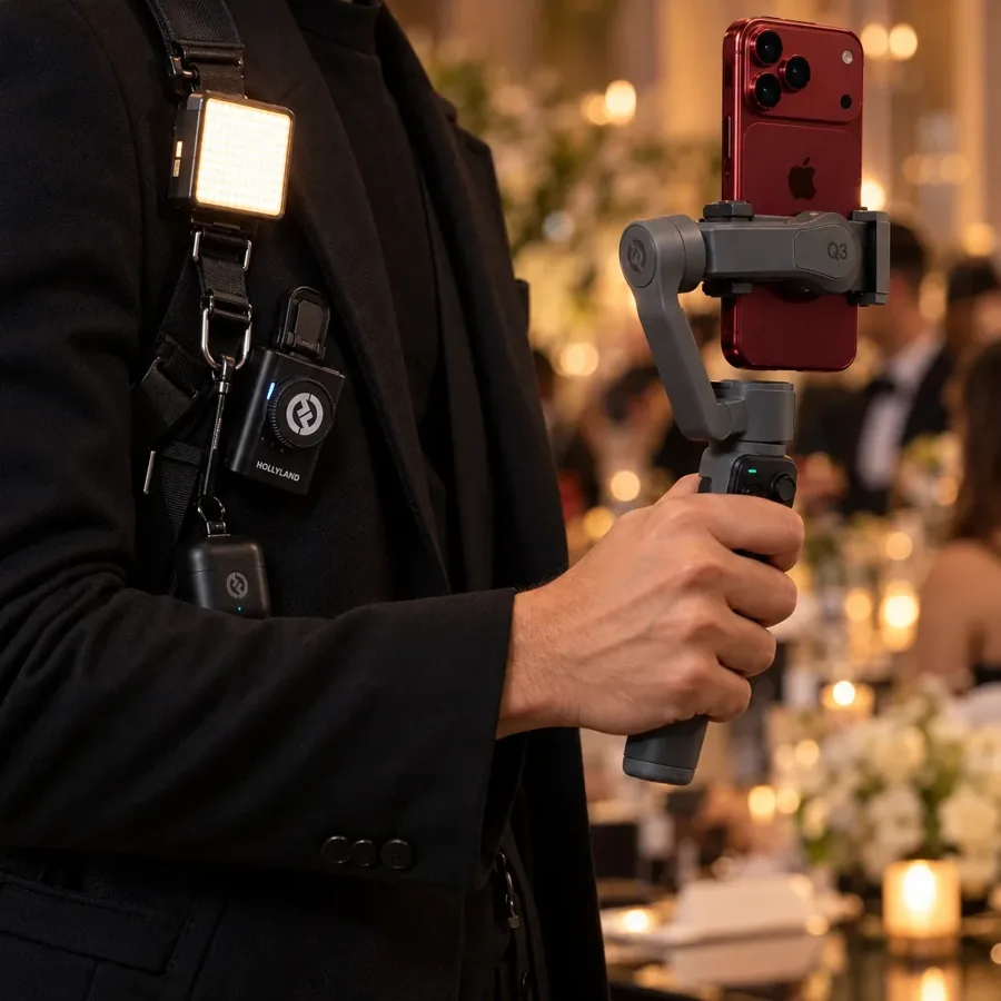 StoryMaker no Rio de Janeiro gravando um casamento com celular no estabilizador, luz e microfone sem fio